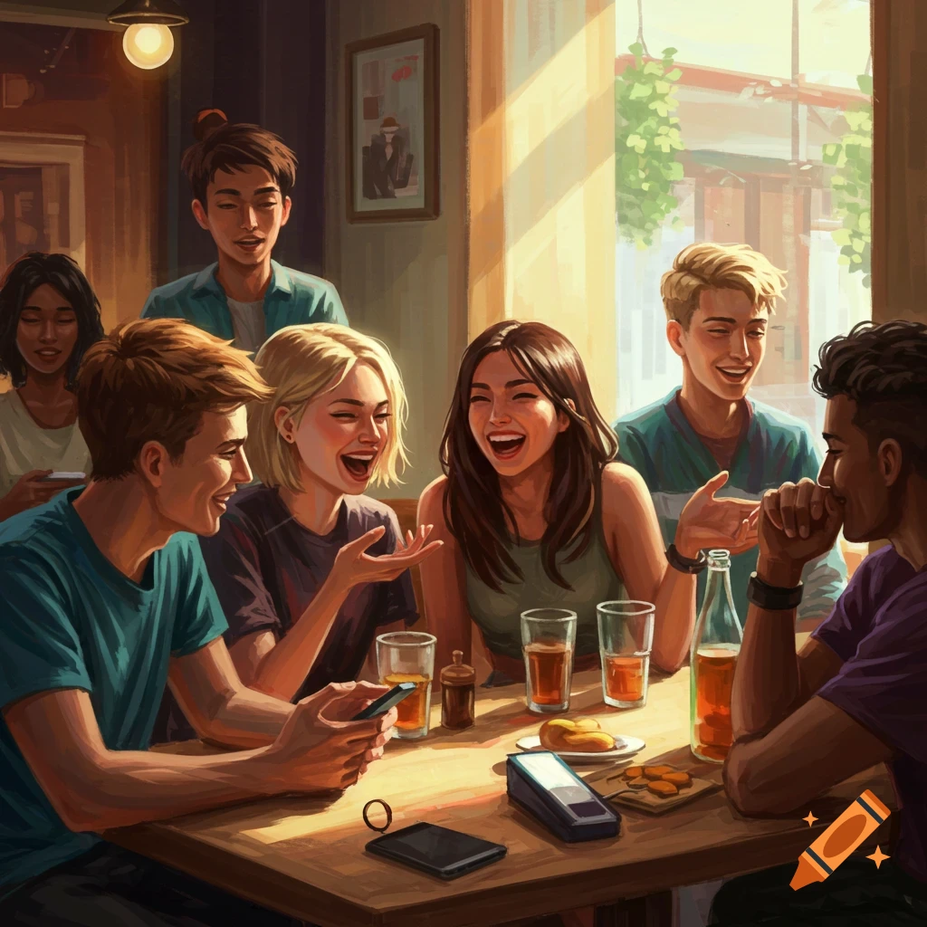 A group of young adults laughing around a table in a cafe. Digital painting.