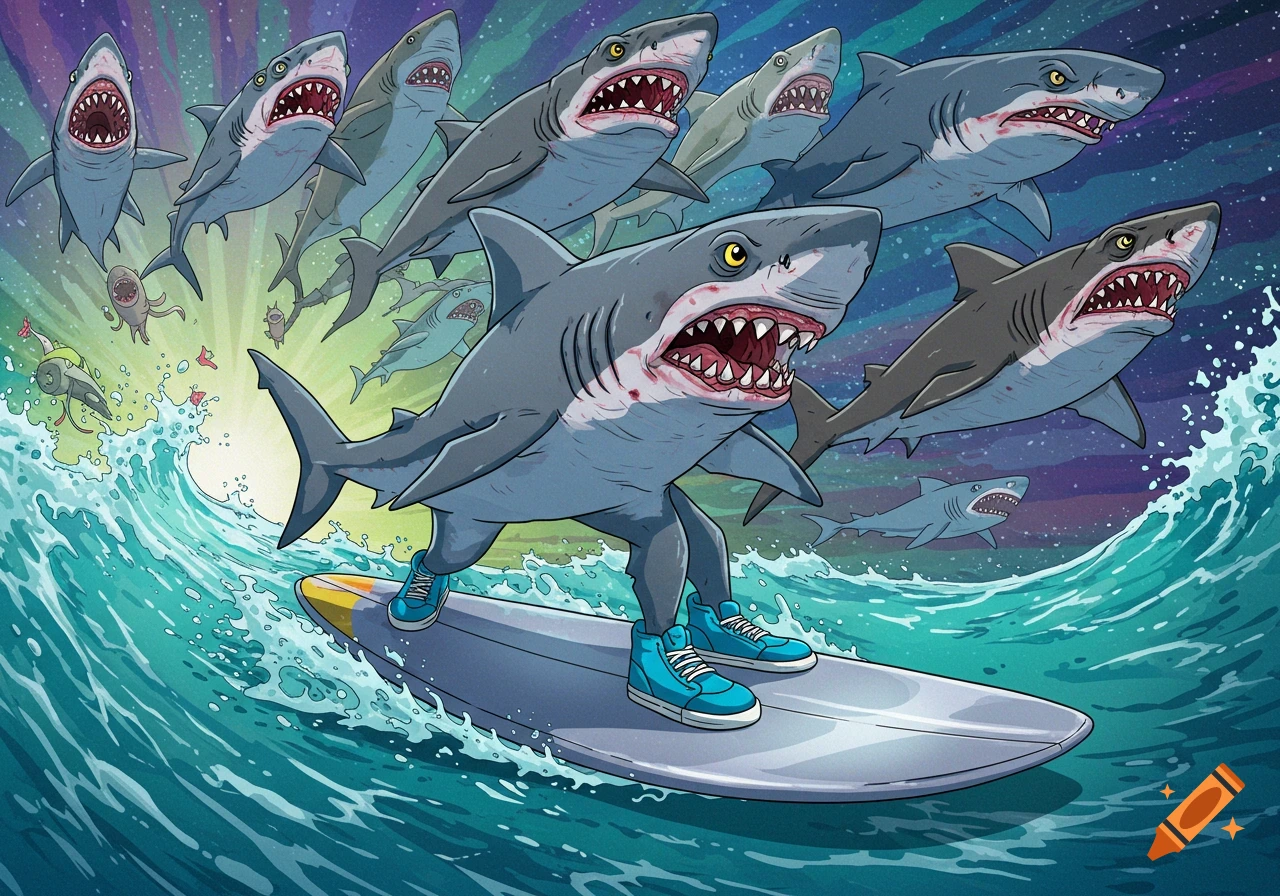 Cartoon illustration of a shark with blue shoes surfing a wave while being chased by a school of other sharks.