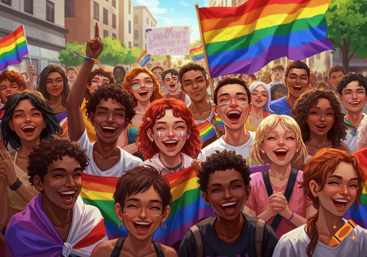 A happy crowd of diverse people at a Pride parade with rainbow flags, illustration.