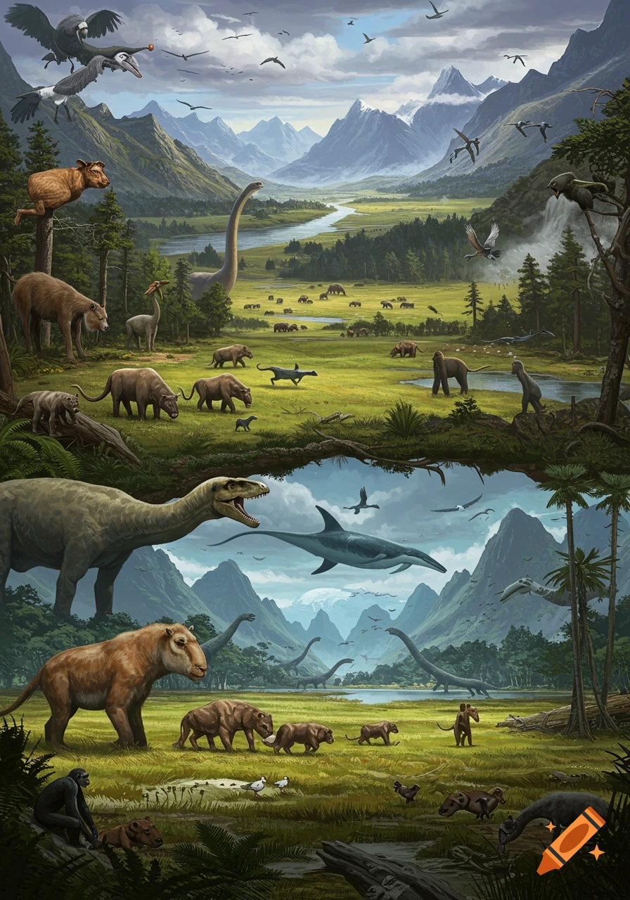 Prehistoric landscape teeming with dinosaurs, mammals, and birds in a river valley surrounded by mountains.
