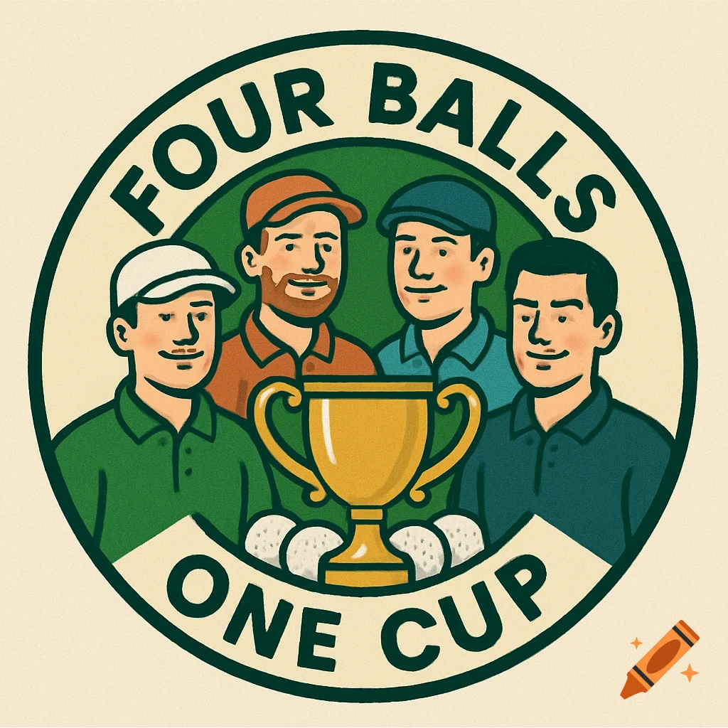 Circular golf badge illustration with four men, a trophy, and three golf balls, with the text "FOUR BALLS ONE CUP".