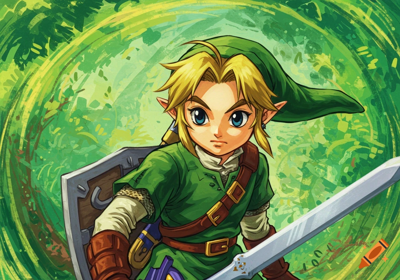 Link holding a sword and shield in a forest clearing, in an anime art style.