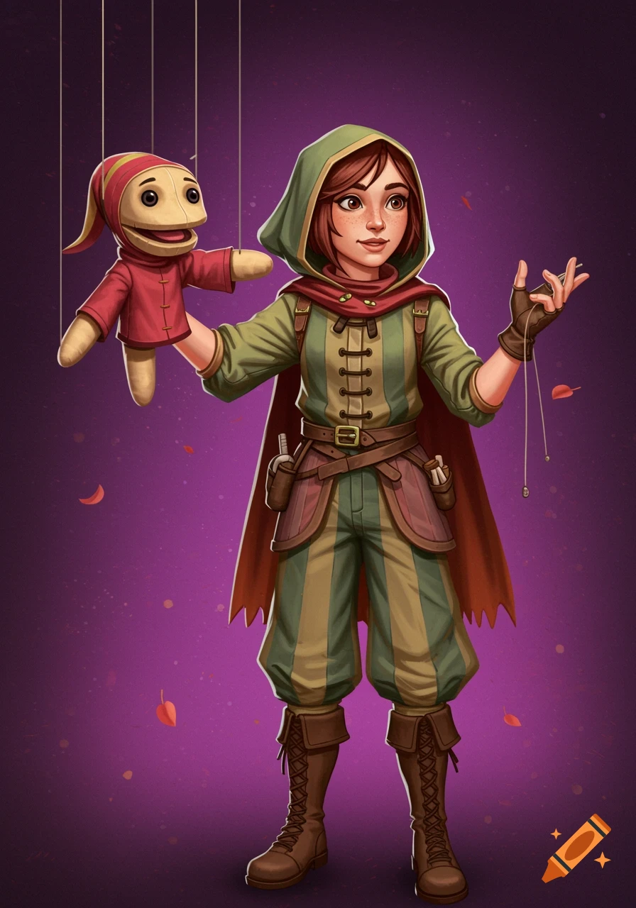 A young person in a fantasy costume holds up a puppet. Illustrative style.
