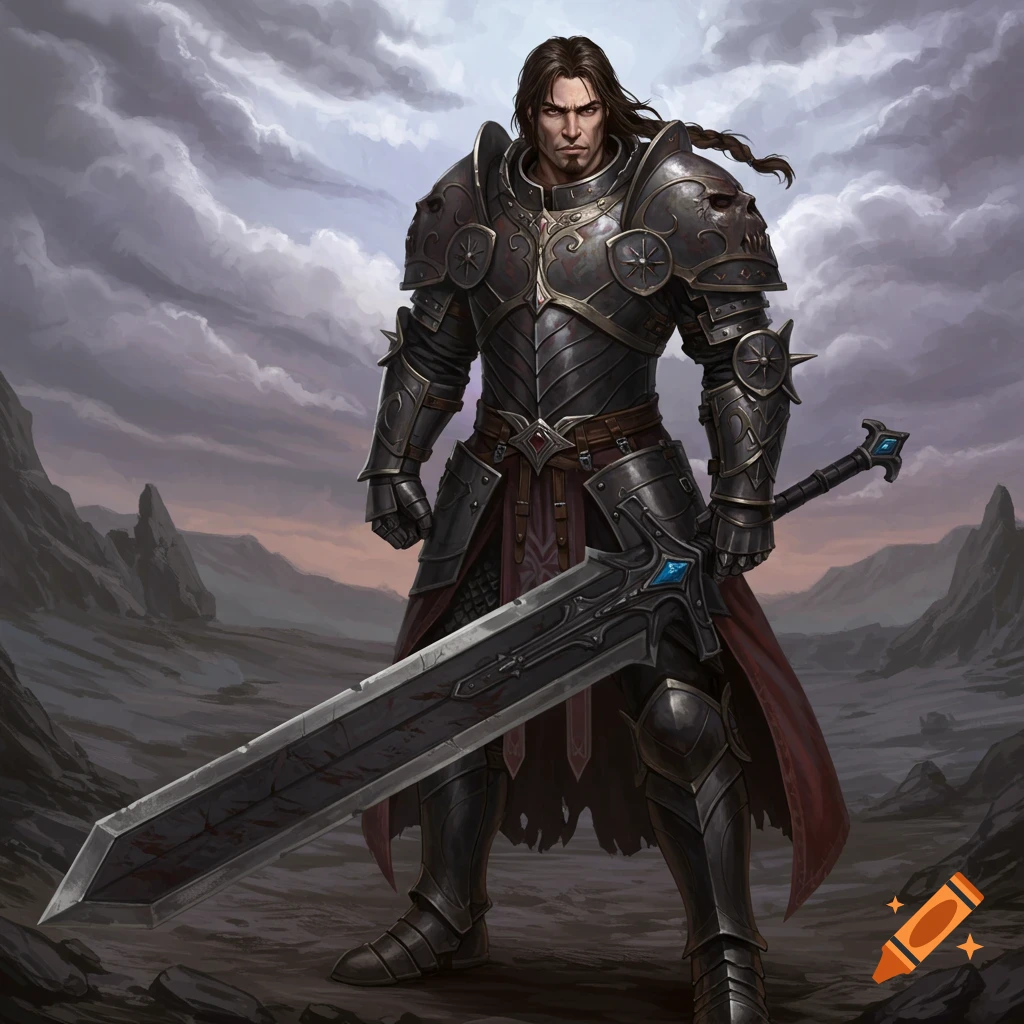 A fantasy knight in dark armor holding a greatsword stands in a rocky landscape