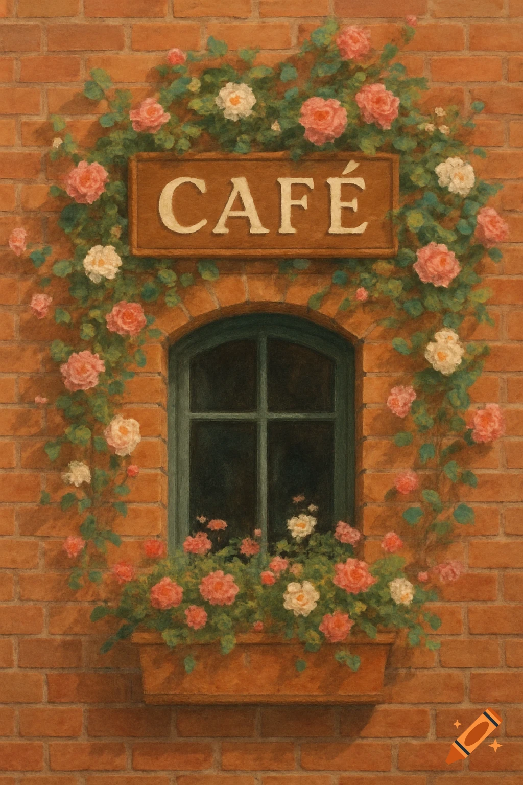 Painting of a brick cafe wall with a 'CAFÉ' sign, window, and roses.