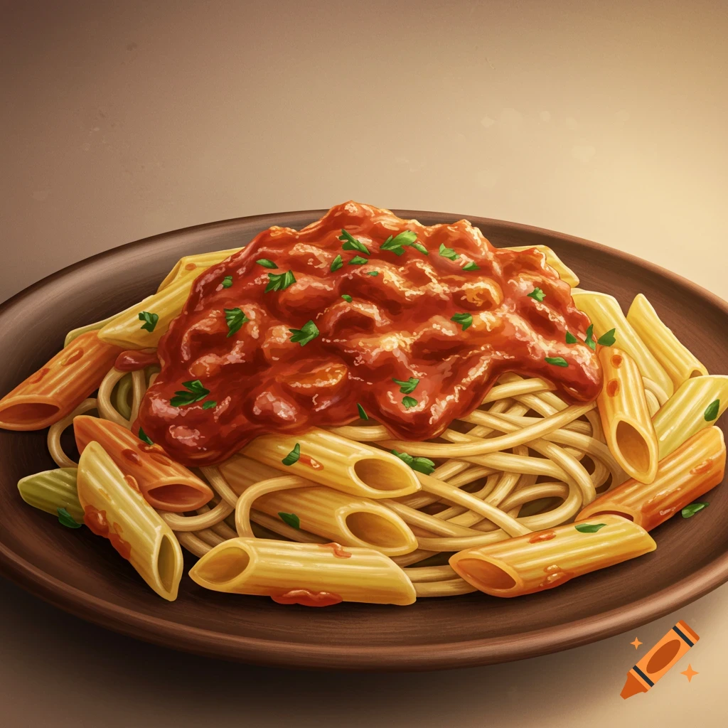Plate of spaghetti and penne pasta with meat sauce