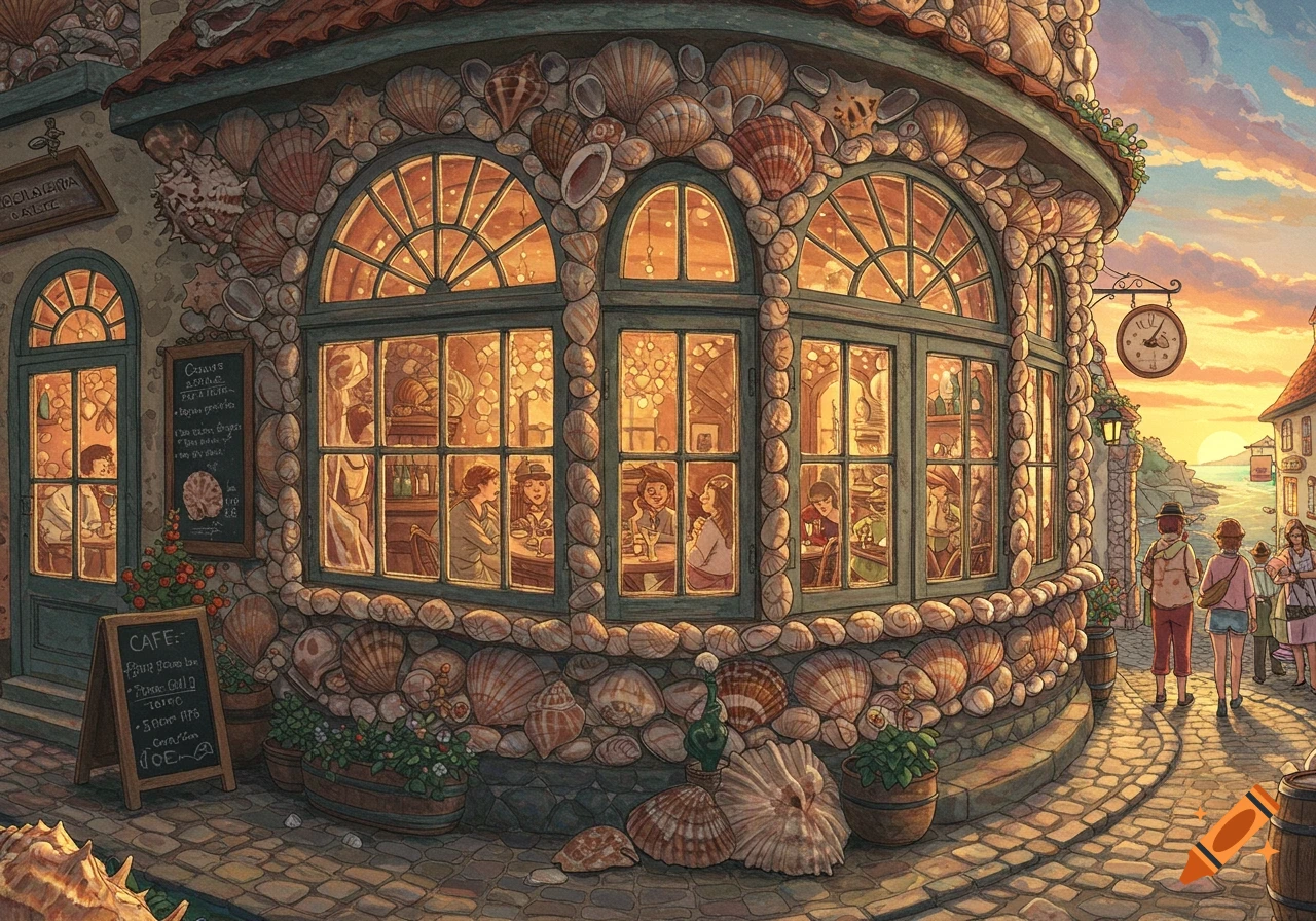 Illustration of a whimsical cafe made of seashells and stones by the sea at sunset with people inside and outside.
