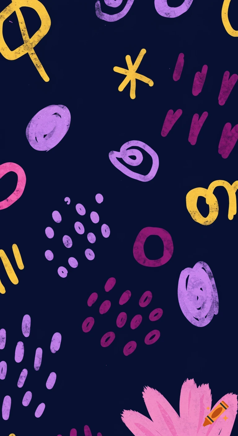 Abstract pattern with colorful shapes in a kid's watercolor style on a dark background.