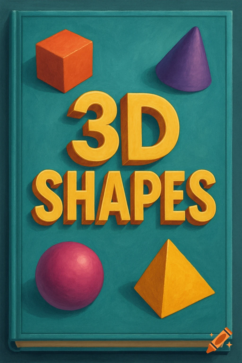 Book cover for '3D SHAPES' with geometric shapes like a cube, cone, sphere, and pyramid.