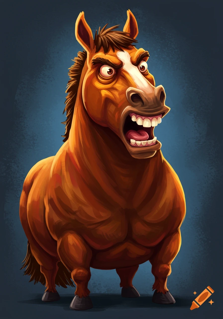 Cartoon illustration of an angry, fat horse.