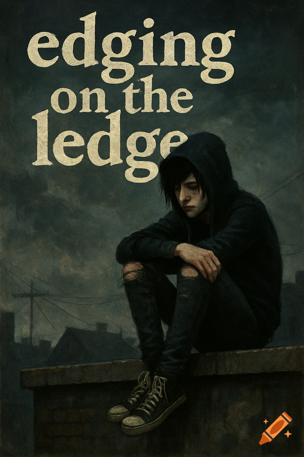 Painting of a figure in a black hoodie and ripped jeans sitting on a ledge above a city. Text 'edging on the ledge'.