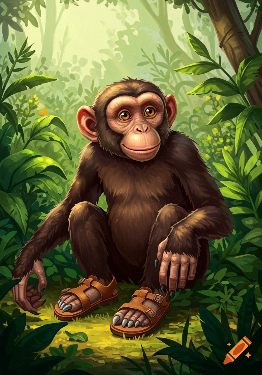 A cartoon monkey wearing sandals sits in a lush jungle.