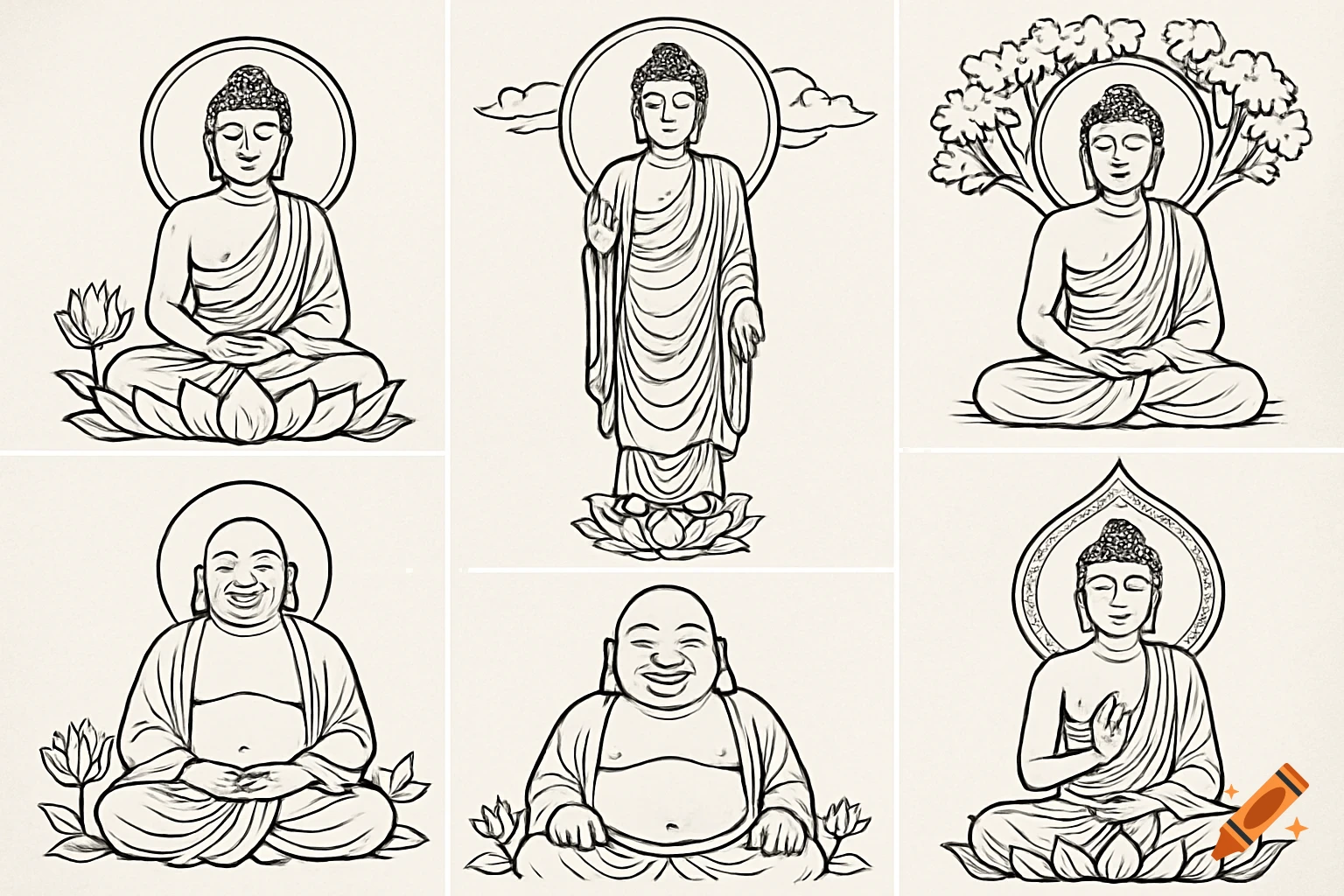 Six black and white line drawings of Buddhist figures in different poses for a coloring book.