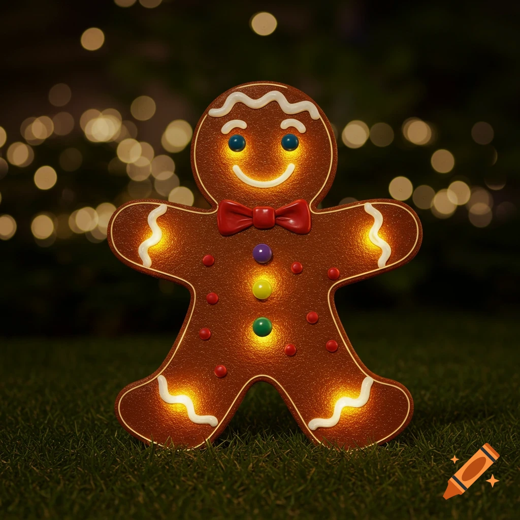 A light-up gingerbread man lawn ornament stands on grass at night with blurry lights in the background.