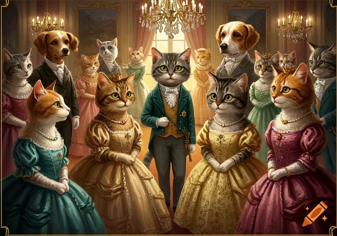 Anthropomorphic cats and dogs in formal wear attend a royal ball in a grand room.