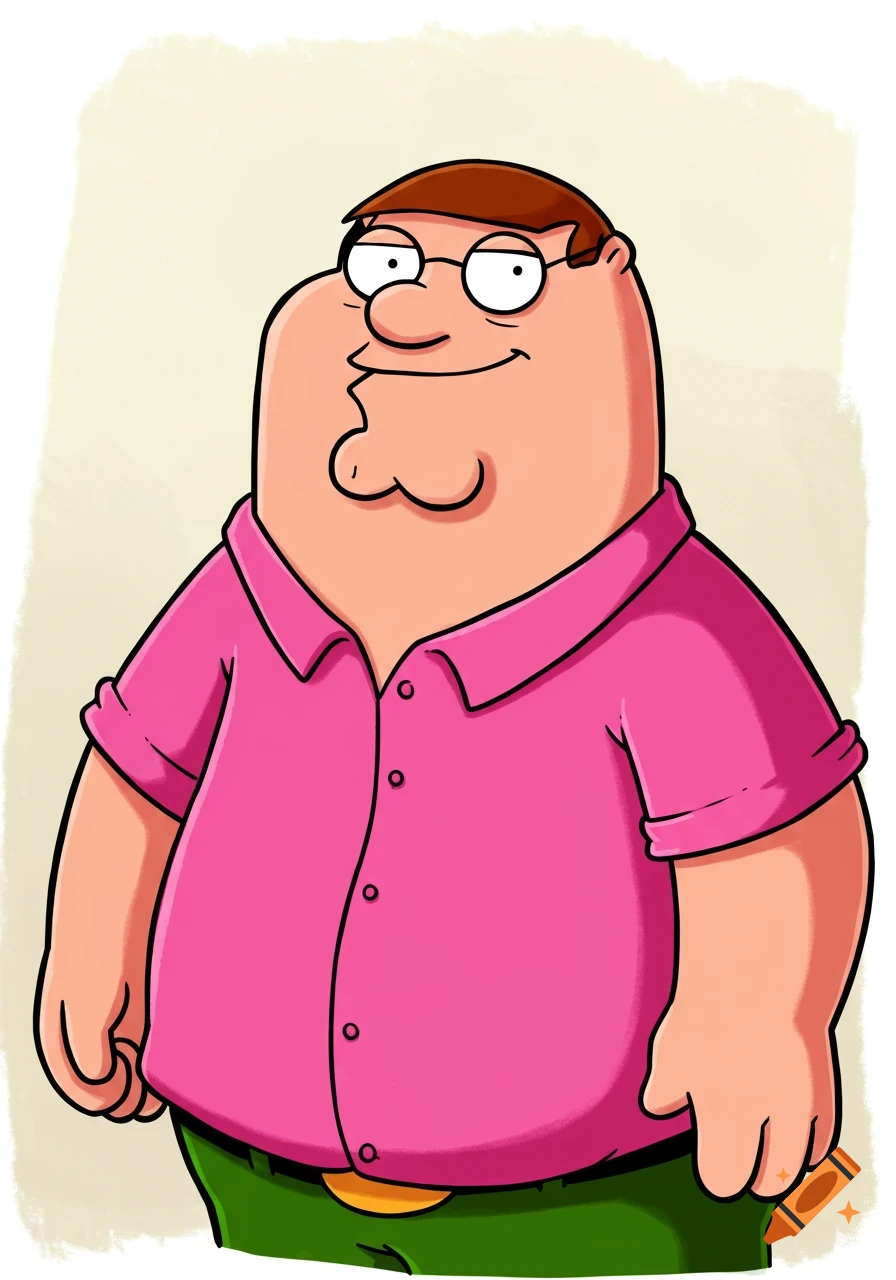 Cartoon portrait of Peter Griffin wearing a pink shirt.
