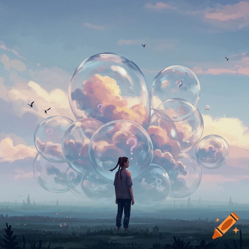 A girl stands looking at large bubbles containing clouds and question marks in a field at sunset, digital painting.