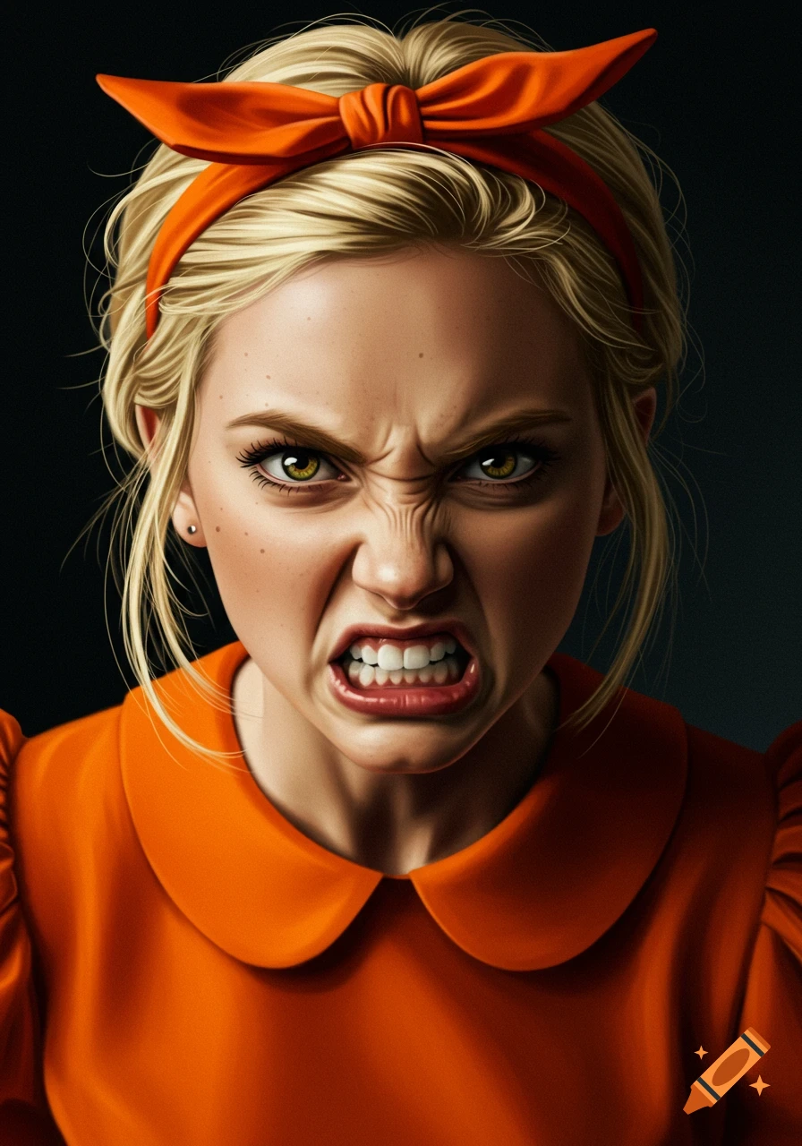 Close-up illustration of an angry girl with blonde hair, orange bow, and orange dress.