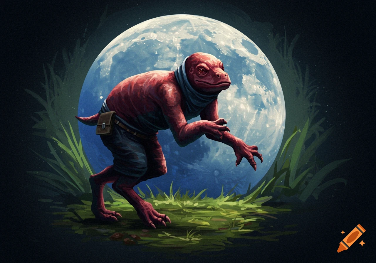 A red humanoid reptile creature in clothes stands on grass under a large full moon.