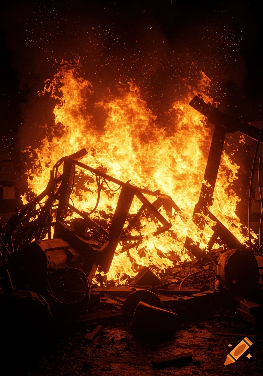 Intense fire burns through wreckage at night, with sparks rising into the darkness.