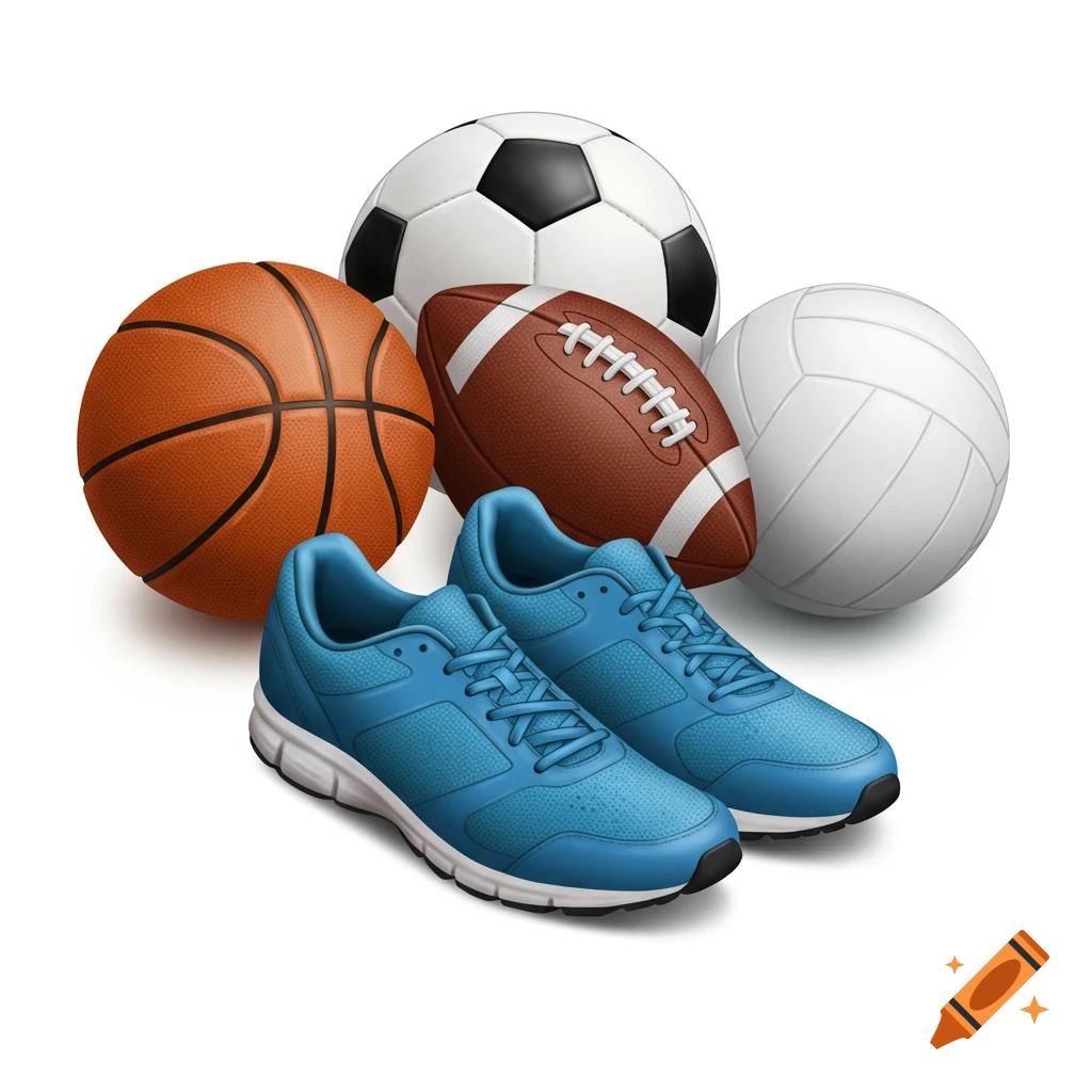 A collection of sports balls and blue athletic shoes.