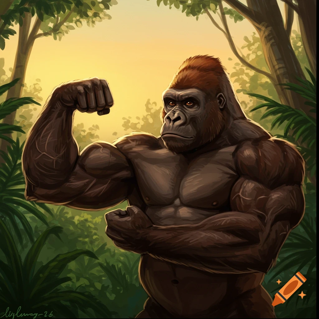 A muscular gorilla flexing in a jungle