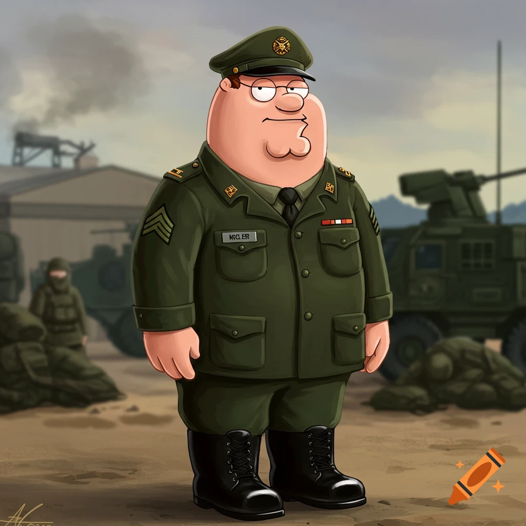Peter Griffin wearing a military uniform stands in a military base