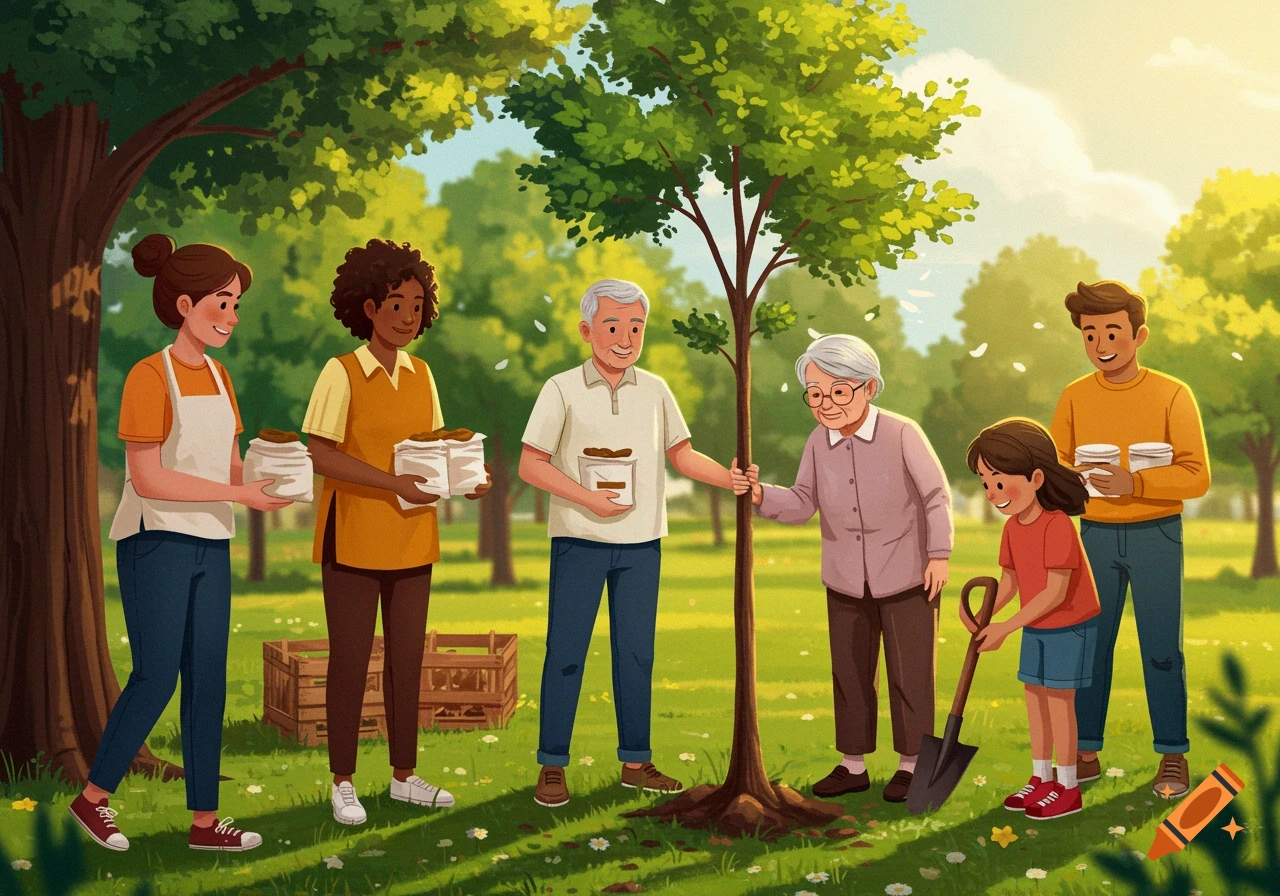 Diverse community group planting a tree in a sunny park, illustration style.
