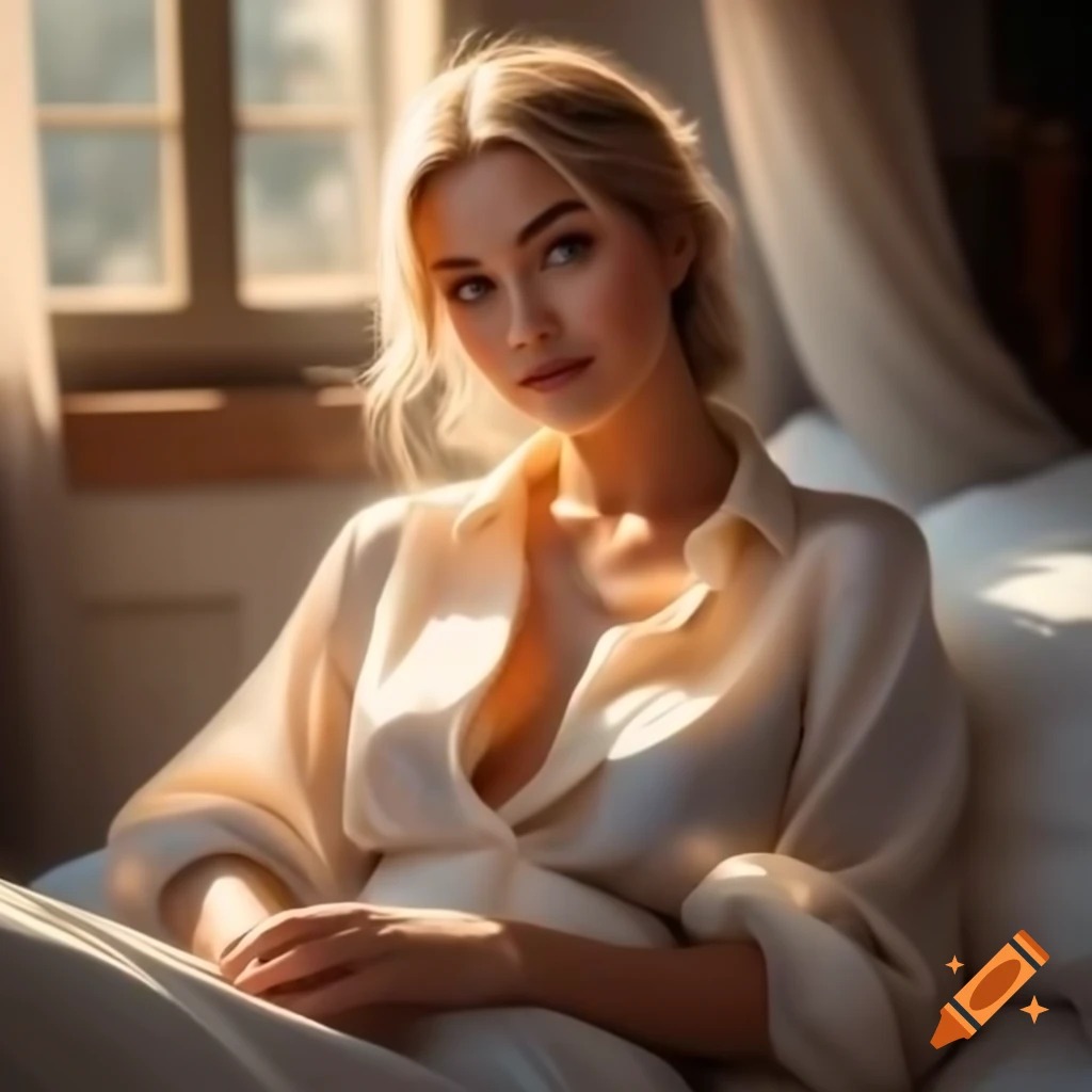 Charming woman with blue eyes and blonde hair in cozy bedroom alcove with morning sunlight