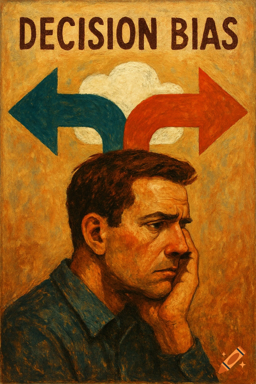 A painterly illustration of a man deep in thought, with red and blue arrows pointing opposite directions above his head and the text "DECISION BIAS".