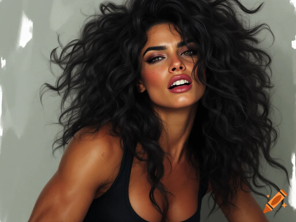 Portrait of a woman with intense expression, dark wavy hair, and a muscular arm, painted style.