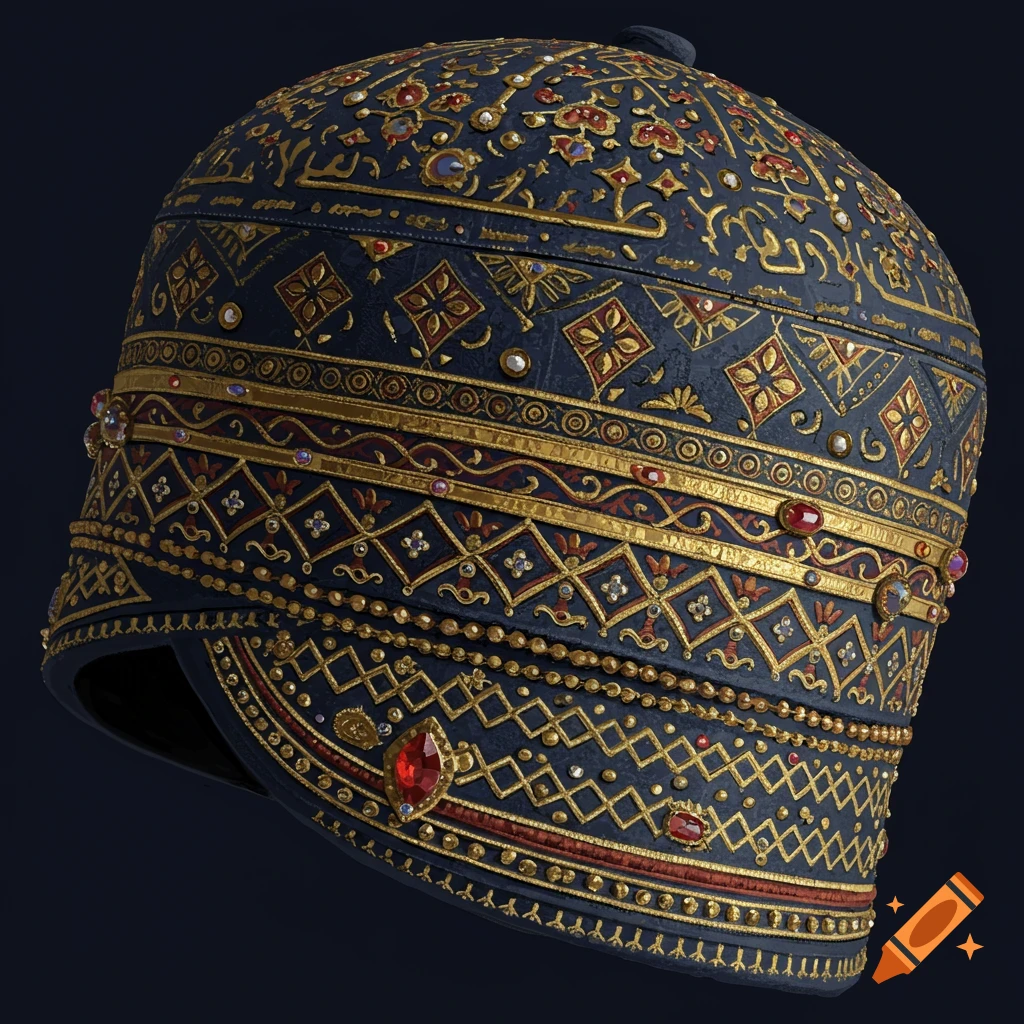 An ornate dark blue cap decorated with intricate gold patterns, red jewels, and colored gems in a Middle Eastern style.