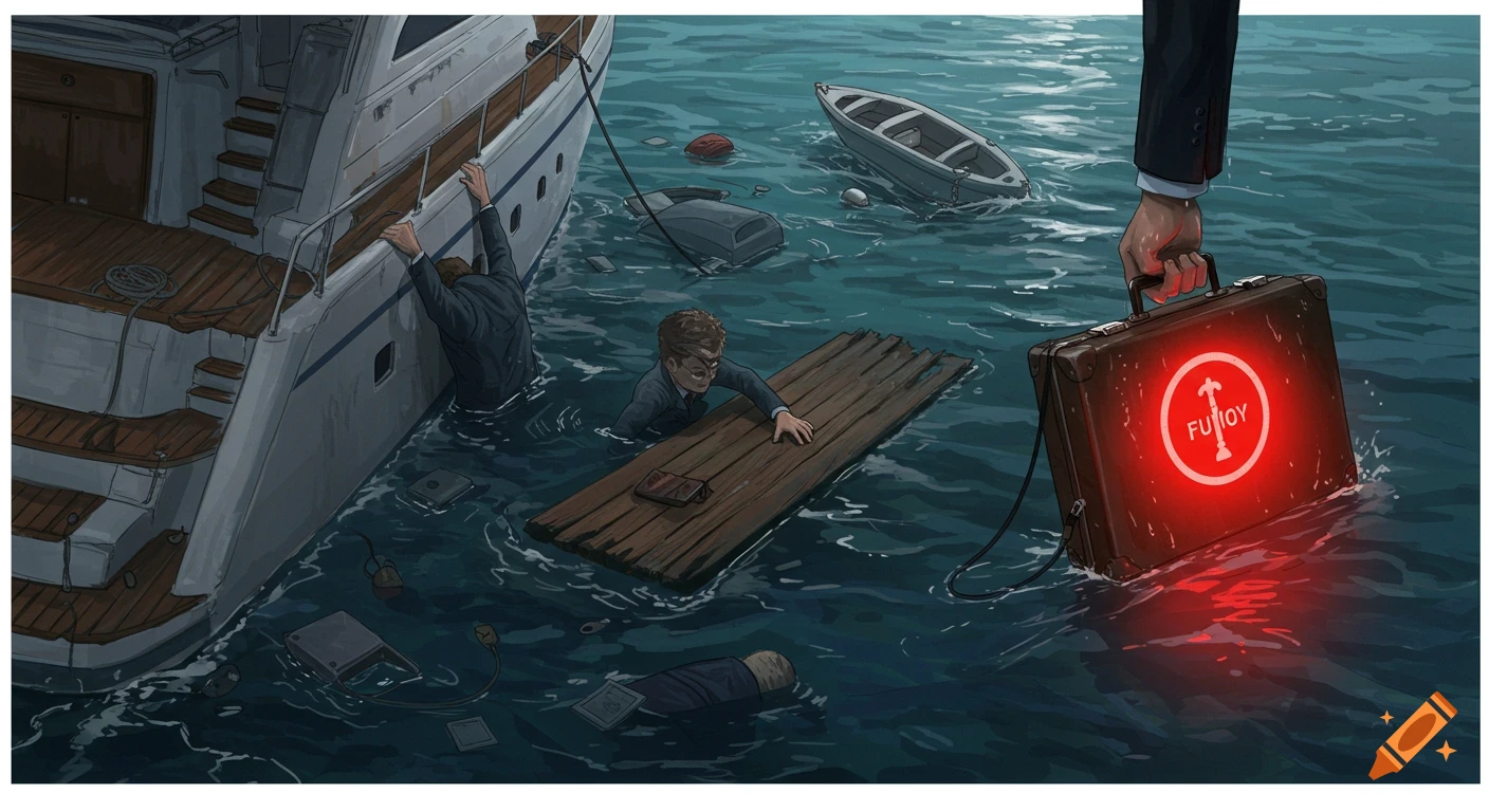 Illustration of a boat accident with men in the water and a glowing briefcase.