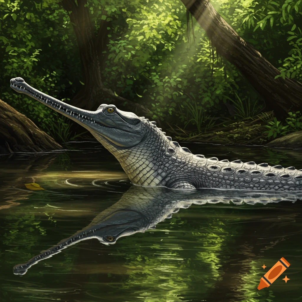 A gharial with its head and part of its body out of a jungle river, looking left. Sunlight streams through the trees.