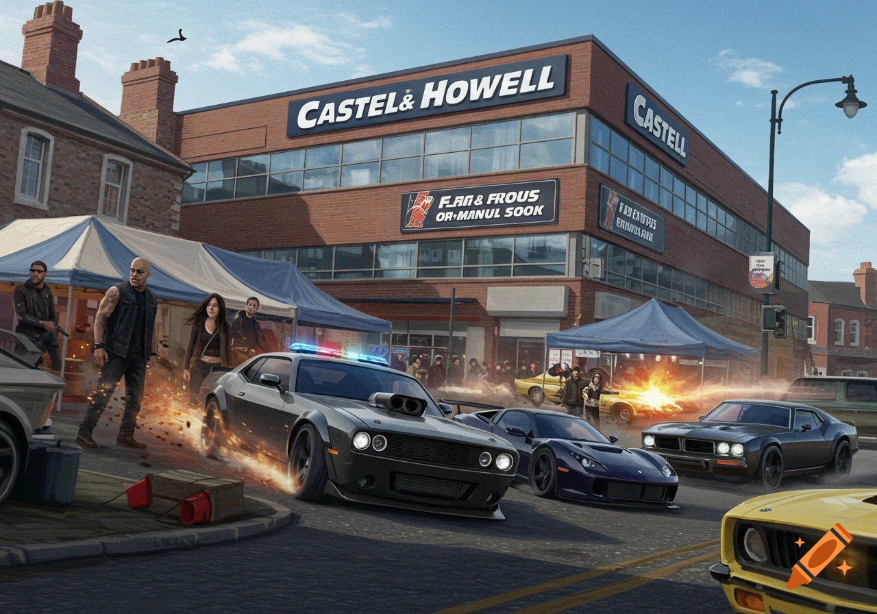 Street scene with muscle cars racing, explosions, and people resembling Fast and Furious characters outside a building.
