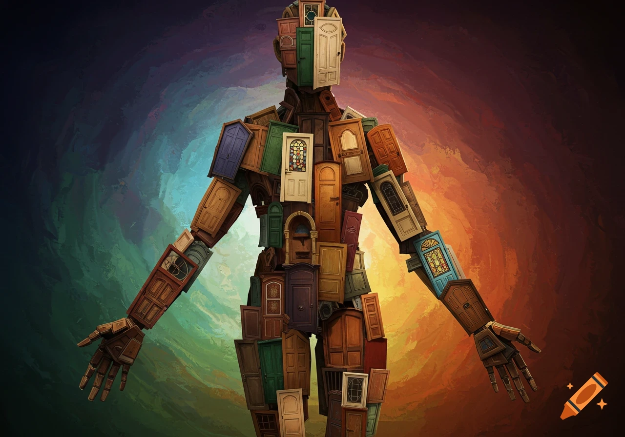A figure constructed entirely from various wooden doors stands against a vibrant, painterly background.