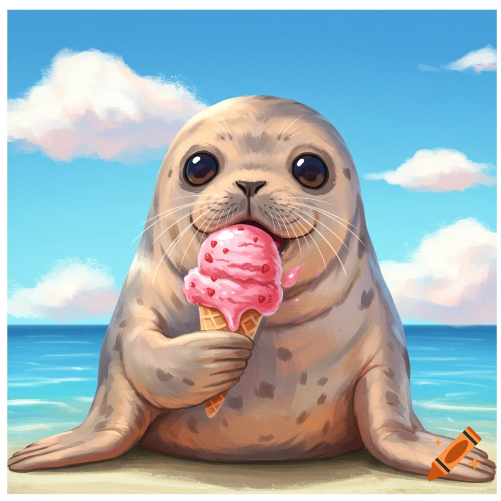 Cute illustration of a seal eating a strawberry ice cream cone on a beach.