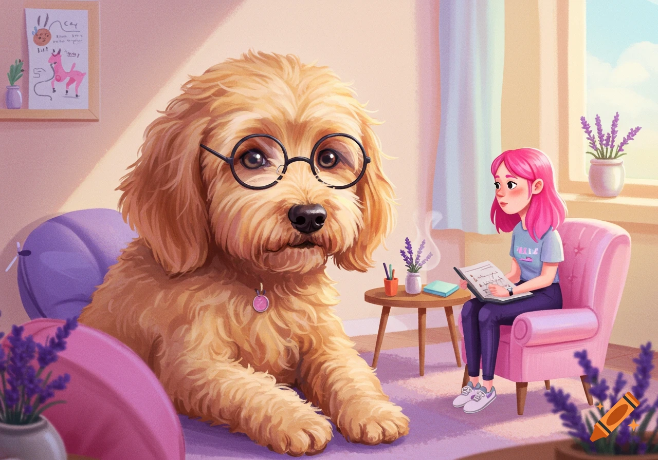 Golden doodle dog therapist with glasses listens to a girl writing in a notebook in a cozy room.