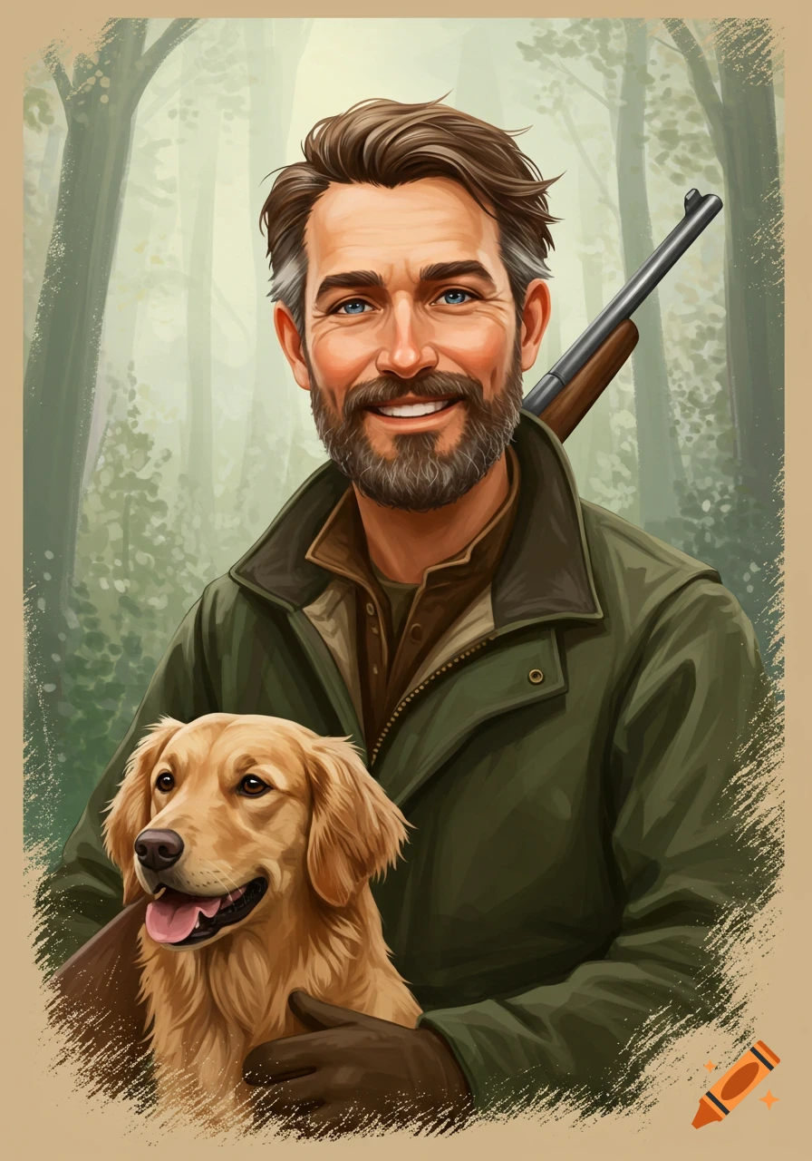 Portrait of a man holding a golden retriever and a rifle in a forest.