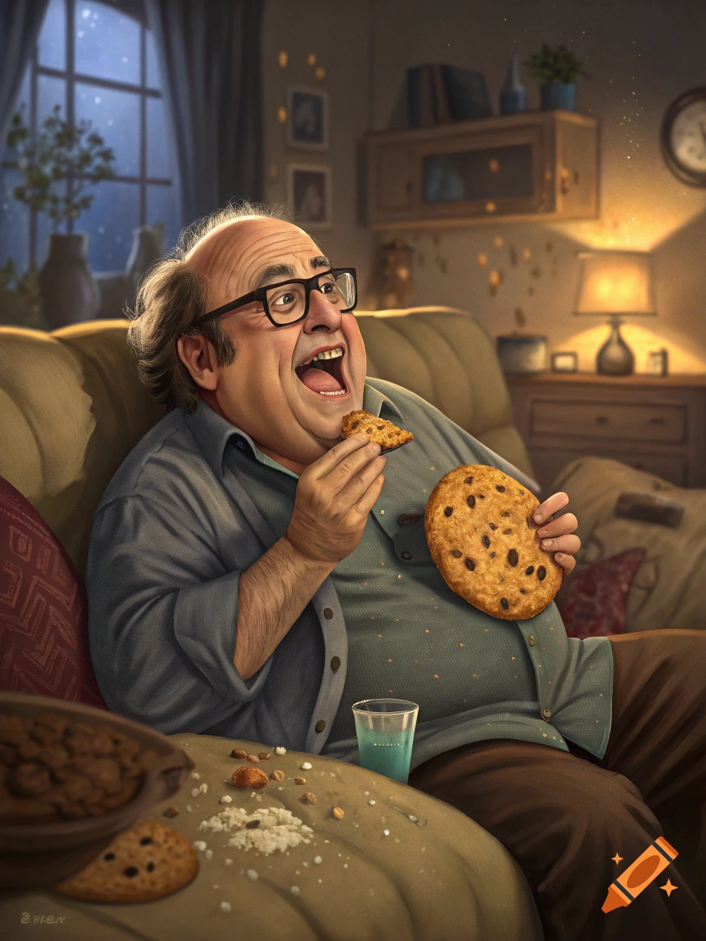 A man resembling Danny DeVito sits on a couch eating large cookies at night in a realistic style.