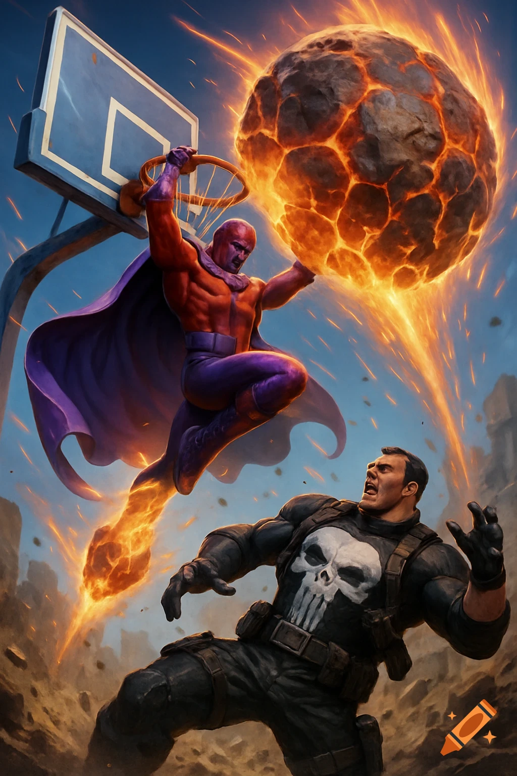 Magneto dunks a flaming meteor on Punisher during a basketball game in a comic art style.