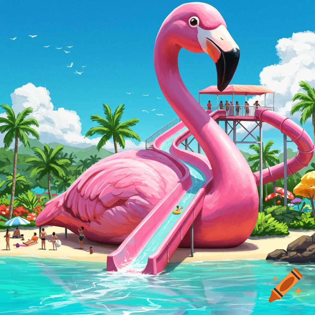Giant pink flamingo water slide on a tropical beach with people