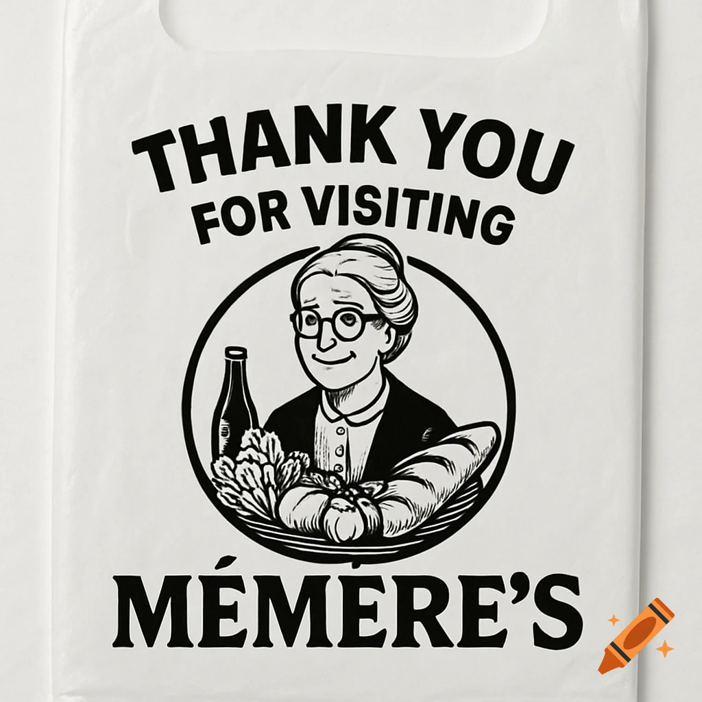 A black and white grocery store logo on a plastic bag features a drawing of an old woman holding groceries, with the text 'THANK YOU FOR VISITING MÉMÈRE'S'.