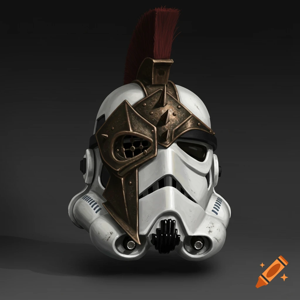A Star Wars Stormtrooper helmet customized with a bronze gladiator mask and a red plume.