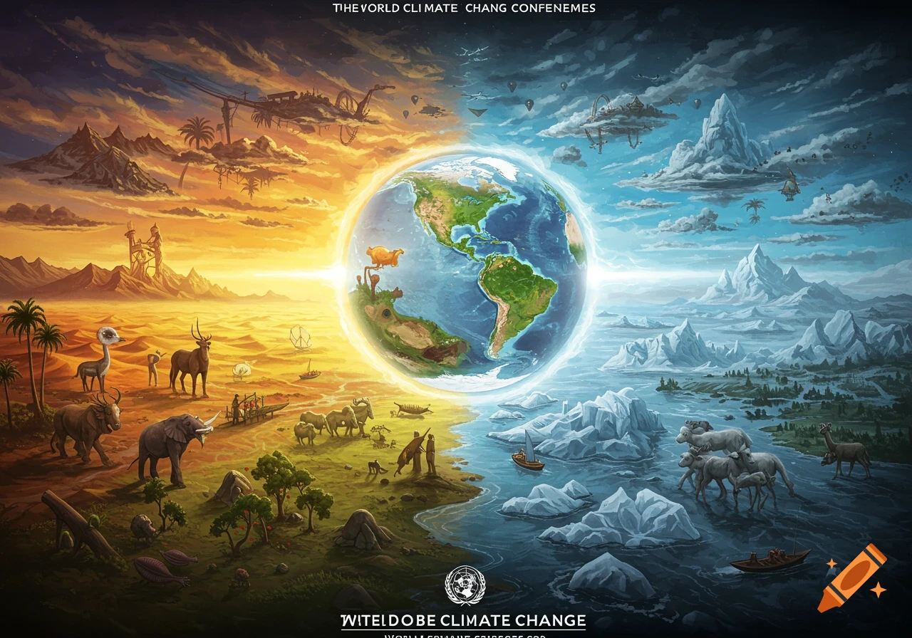 Split world showing hot, dry landscape on one side and cold, icy landscape on the other, centered on a globe with animals and people.