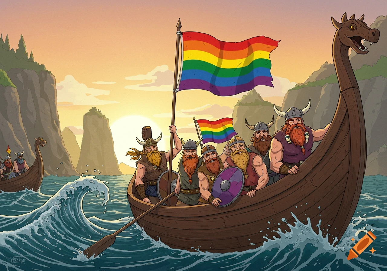 Illustration of Vikings in a longboat flying rainbow flags at sunset
