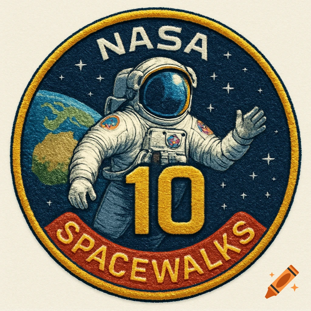 NASA astronaut patch with Earth, stars, text 'NASA 10 SPACEWALKS', embroidered style.