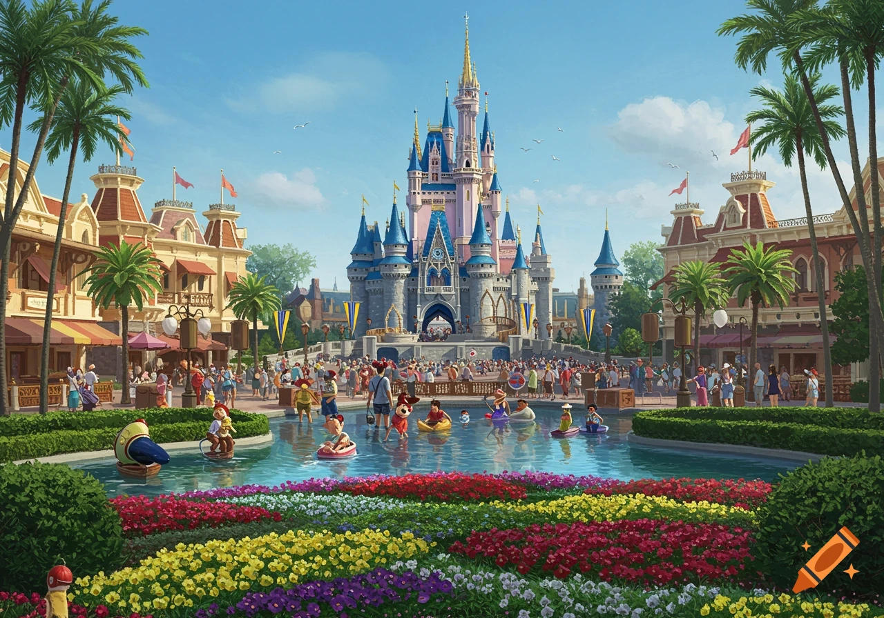 A vibrant illustration of a fantasy castle and crowds at a sunny theme park with flowers and a pool.