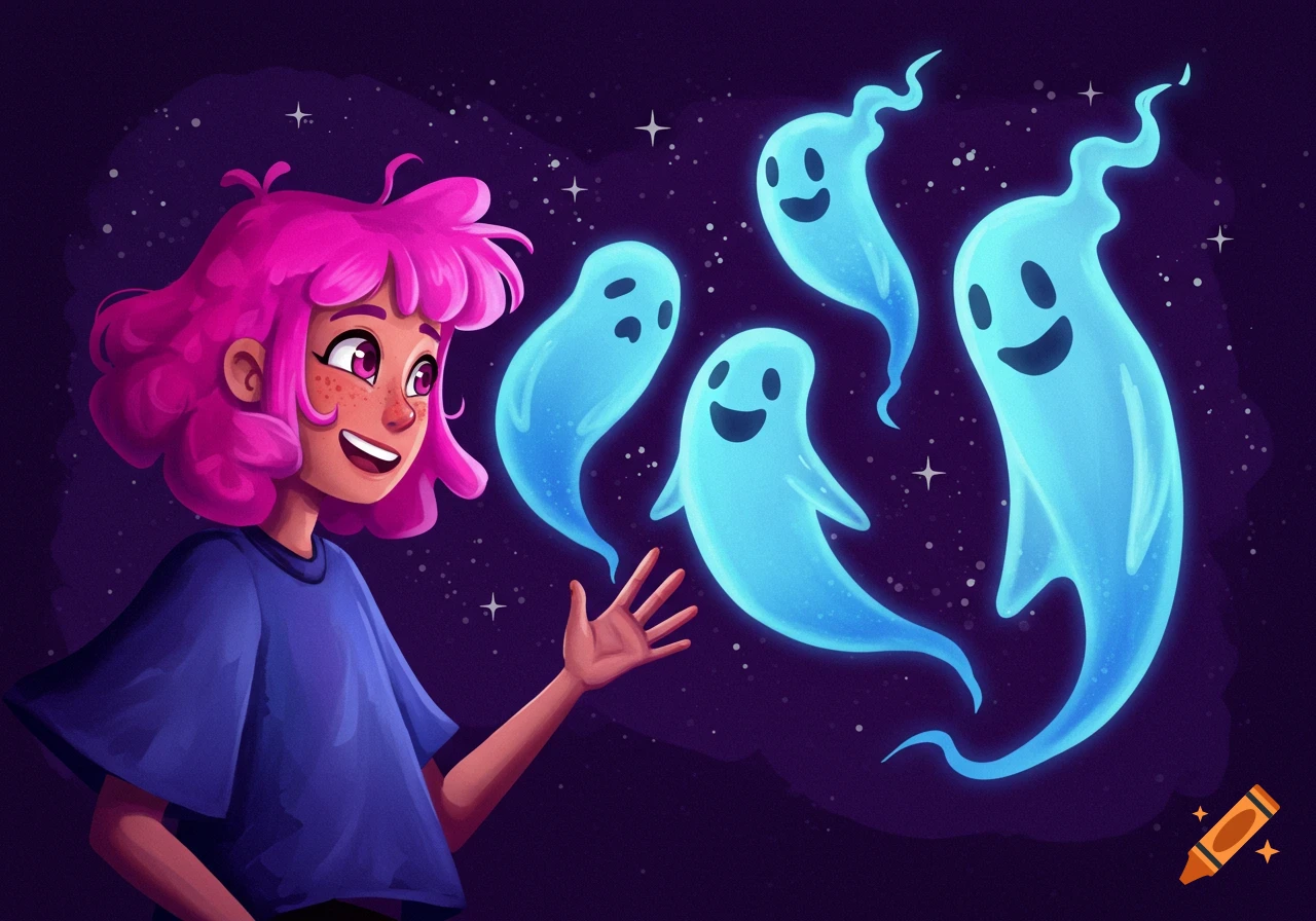 An illustration of a girl with pink hair waving to glowing blue ghosts in space.