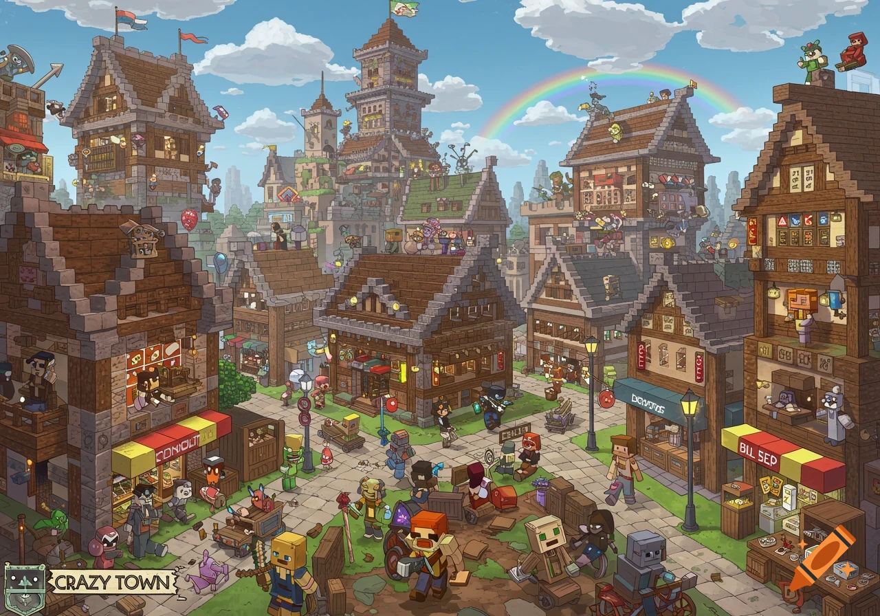 Busy illustrated blocky town scene with many cartoon characters and buildings